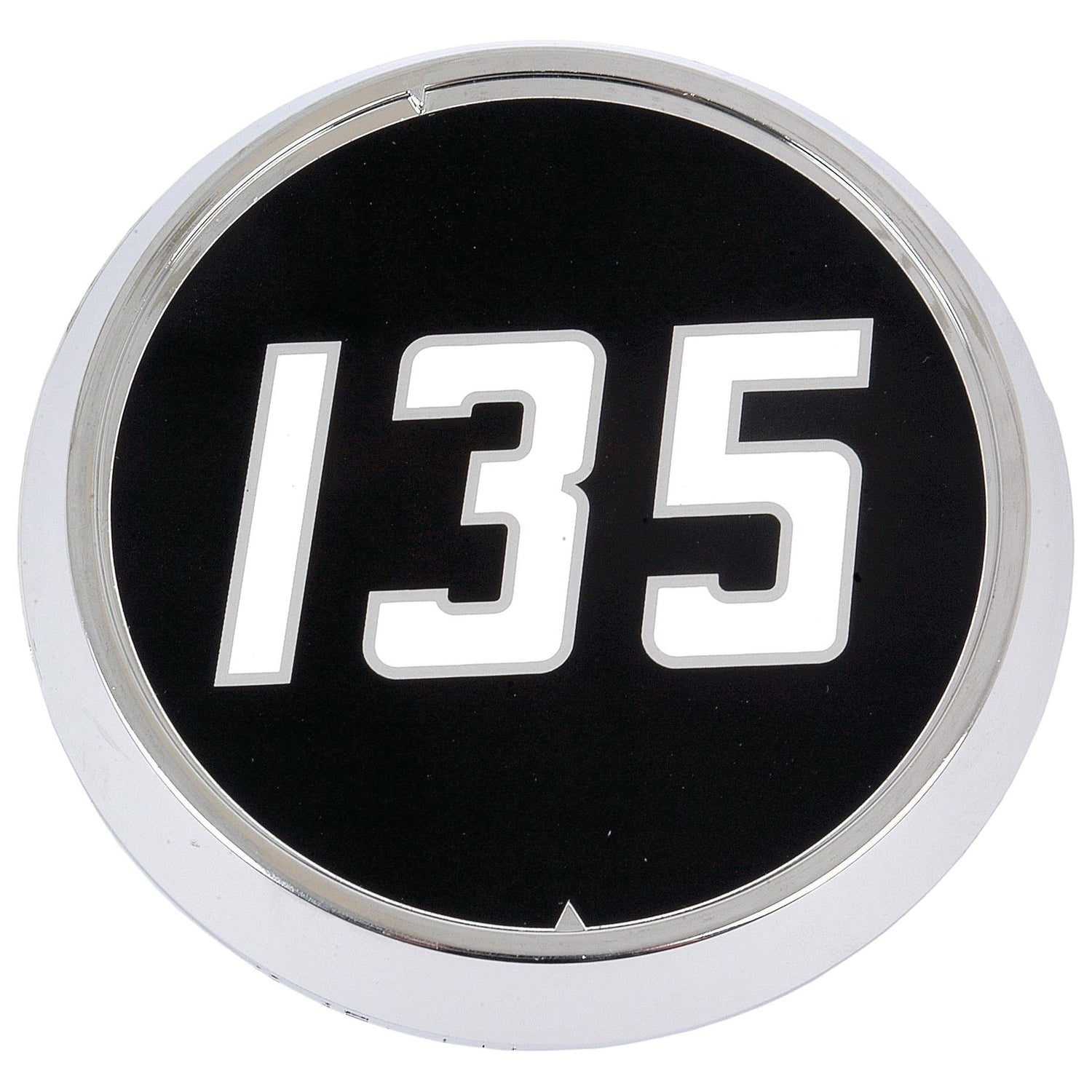 Round black plastic medallion with white number "135" centered, surrounded by silver trim - Medallion for Massey Ferguson 135, Sparex Part No.S.41217.