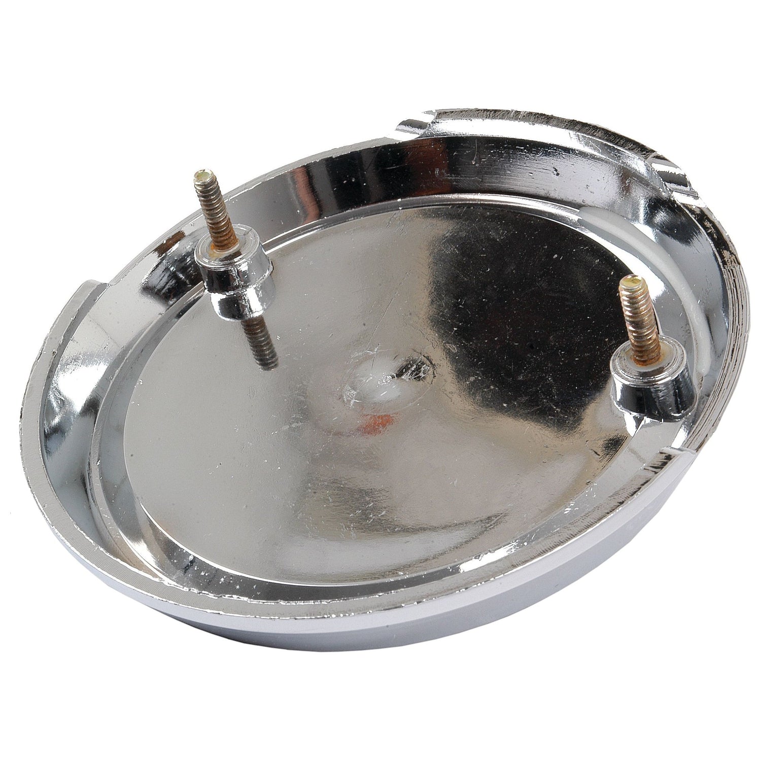 A round, shiny metal object with two protruding bolts, a slightly raised edge, and reminiscent of the robust design found on a Massey Ferguson 135 can be perfectly described as the Medallion for Massey Ferguson 135 by Sparex (Part No. S.41217).