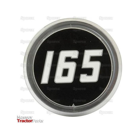 A round medallion from Sparex, featuring a silver rim and a black center with the bold white number "165," inspired by the classic Massey Ferguson 165 (Sparex Part No. S.42548).