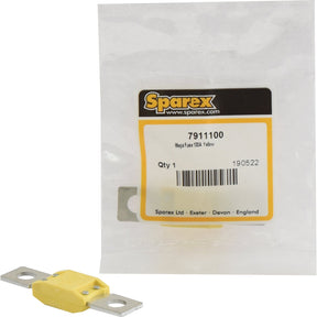 A Mega Fuse (100 Amps) in yellow is placed in front of a labeled clear plastic bag from Sparex with product details and quantity, bearing the Sparex Part No. S.7911100.