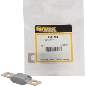 A Mega Fuse - 300 Amps (Grey) with a metal strip, displayed in front of its plastic packaging labeled "Sparex Part No.S.7911300," features precise hole spacing for easy installation.