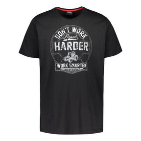The AGCO Valtra Men's Black T-Shirt (V4280820) features a retro-style graphic with a white "Don't work harder, work smarter" text and a tractor design. It's made from 100% cotton for enhanced comfort.