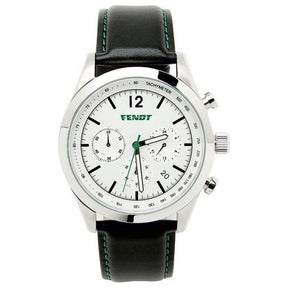 The Fendt - Men's Chronograph Watch (X991018216000) by AGCO features a silver-tone design with a white dial, black leather strap, and green accents. It has three subdials for seconds, minutes, and hours. This waterproof timepiece also includes a tachymeter scale on the outer rim and is powered by a high-quality Japanese clock mechanism.
