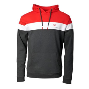 The AGCO Massey Ferguson Men's Colour Block Hoodie (X993312214) features a modern design in red, white, and black with a small printed MF logo on the chest. This stylish sweatshirt includes a front pocket and drawstrings.