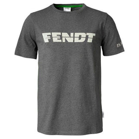 This AGCO Fendt Men's Grey Shirt (product code: X9910201C) features a stylish short-sleeve design with "FENDT" boldly printed in white block letters on the front and "It's F" on the right sleeve.