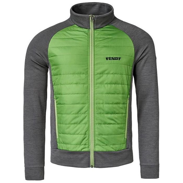 A stylish green and gray men's hybrid jacket from AGCO, featuring a zip-up design with a durable quilted front, long sleeves, and the "Fendt" logo on the chest. Product code: X99102002C.