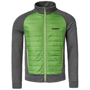 A stylish green and gray men's hybrid jacket from AGCO, featuring a zip-up design with a durable quilted front, long sleeves, and the "Fendt" logo on the chest. Product code: X99102002C.