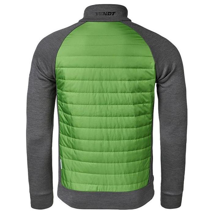 A back view of the AGCO Fendt - Men's Hybrid Jacket (X99102002C) showcases a stylish design with a green quilted panel and durable grey sleeves.