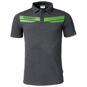 The AGCO Fendt Men's Polo Shirt (X99102016C) features dark gray piqué fabric, short sleeves, a ribbed collar with three buttons, green stripes, and "FENDT" text on the chest.