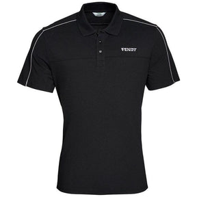The AGCO Fendt - Men's Poloshirt (X99101709) is a functional black polo shirt with white piping on the shoulders and the word "FENDT" embroidered in white on the left chest, featuring MTS Moisture Transport System for enhanced comfort.