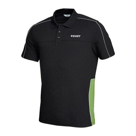 The AGCO Fendt - Men's Poloshirt (X99101709) is a black polo shirt with white piping on the shoulders, Fendt embroidery on the left chest, and a bright green accent on the bottom right side. It also features the MTS Moisture Transport System to keep you cool and comfortable.