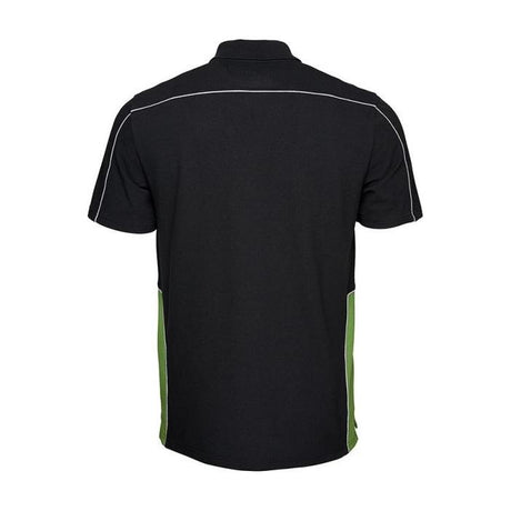 A Fendt - Men's Poloshirt by AGCO (X99101709) featuring a black collared design with white piping along the shoulders, green panels on the sides, and Fendt embroidery, viewed from the back.