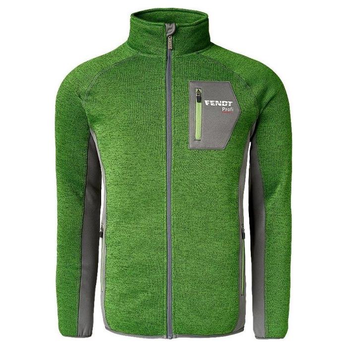 The AGCO Fendt Men's Profi Fleece Jacket (X991020218) features a stylish green design with gray side panels and a full-zip front. It includes a zippered chest pocket adorned with the Fendt logo and comes with a stand-up collar. Made from quick-drying fabric, this fleece jacket combines both style and functionality for your outdoor adventures.