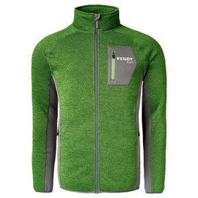 The AGCO Fendt Men's Profi Fleece Jacket (X991020218) features a stylish green design with gray side panels and a full-zip front. It includes a zippered chest pocket adorned with the Fendt logo and comes with a stand-up collar. Made from quick-drying fabric, this fleece jacket combines both style and functionality for your outdoor adventures.