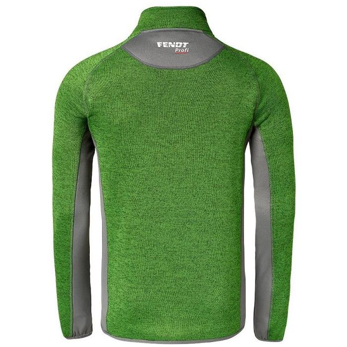 Rear view of the AGCO Fendt - Men's Profi Fleece Jacket (X991020218) in green and gray, with quick-drying fabric, featuring "Fendt Profi" text on the upper back.