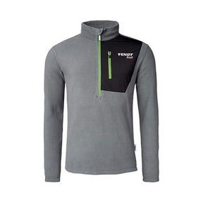 The Fendt - Men's Profi Half-Zip Fleece (X99102020C) by AGCO is a gray long-sleeve microfleece sweater featuring a high collar and a front half-zipper. It includes a black chest pocket with a green zipper and logo text, designed for an extra-soft touch.