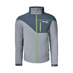 The Fendt - Men's Profi Softshell Jacket (X99102021C) by AGCO is a gray and blue water-resistant jacket featuring a green zipper, reflective piping, and the word "Fendt" on the chest, tailored for professional use.