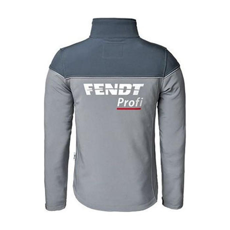 Back view of the AGCO Fendt - Men's Profi Softshell Jacket (X99102021C), water-resistant with "FENDT Profi" printed on the upper back area, featuring reflective piping for added safety.