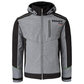 AGCO's Fendt - Men's Profi Winter Softshell Jacket (X99102026C) is a stylish, two-toned grey and black jacket with green accents. It features a zip-up front, hood, and zippered chest pocket. The words "Fendt Profi" are printed on the upper left chest area, making it a standout piece for any wardrobe.