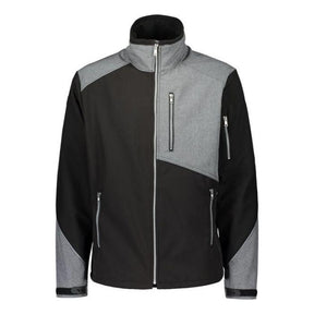 The AGCO Valtra Men's Softshell Jacket (V4280400) is a stylish black and gray zip-up featuring a high collar, chest pocket, adjustable wrist straps, and reflective detailing.