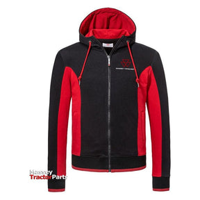 The AGCO Massey Ferguson Men's Sports Jacket (X993412206) features a black and red zip-up design with a Massey Ferguson logo on the chest. The text "Massey Tractor Parts" is displayed in the bottom left corner. This full-length zip sports jacket is also sweat-resistant, making it perfect for both comfort and style.