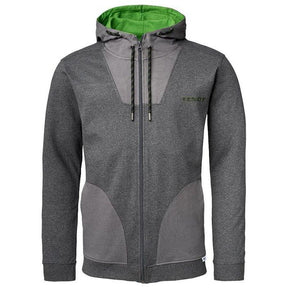 Fendt - Men's Sweat Jacket (X99102015C) by AGCO is a gray zip-up sweat jacket with a green-lined hood, featuring drawstrings and side pockets.