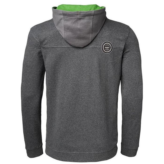 Back view of the Fendt - Men's Sweat Jacket (X99102015C) by AGCO, showcasing a green-lined hood, circular patch on the upper back, and convenient side pockets.