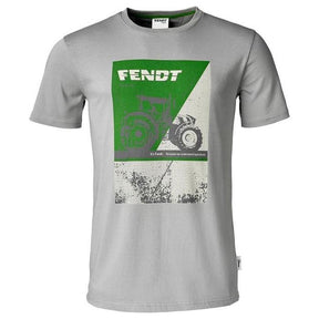 AGCO's Fendt - Men's T-shirt Print - X99102017C features a gray round-neck design with a vintage-look print of a tractor in green and purple, along with the word "FENDT" at the top. The lower part of this pure cotton T-shirt includes a blurred tree branch and text.