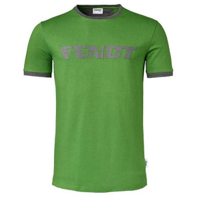 Green Fendt Men's T-shirt (X991020178) by AGCO, with a dark green collar and sleeve detailing, and "FENDT" printed in grey across the chest.