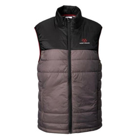 This men's sleeveless padded vest, model X993322215 by AGCO, features lightweight padding and a high collar. The gray vest includes black shoulder sections and a small red "Born to Farm" logo on the upper left chest, along with visible text that reads "Massey Ferguson Tractor Parts.