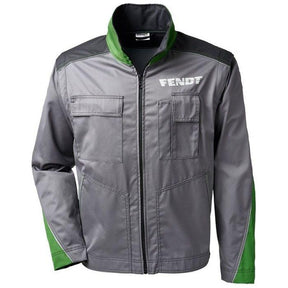 The AGCO Fendt Men's Multi-Functional Jacket (X991018092) is a grey and green work jacket with a front zipper and the word "FENDT" on the chest. It features multi-purpose pockets, removable sleeves, and a high collar.