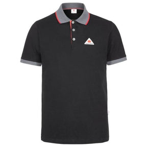 This stylish polo shirt from AGCO, the Massey Ferguson - Men's Polo (X993322162), comes in black with a gray collar and sleeve cuffs. It features the MF original logo on the chest and is made of 100% cotton. The shirt has a buttoned placket with red accents for added flair.