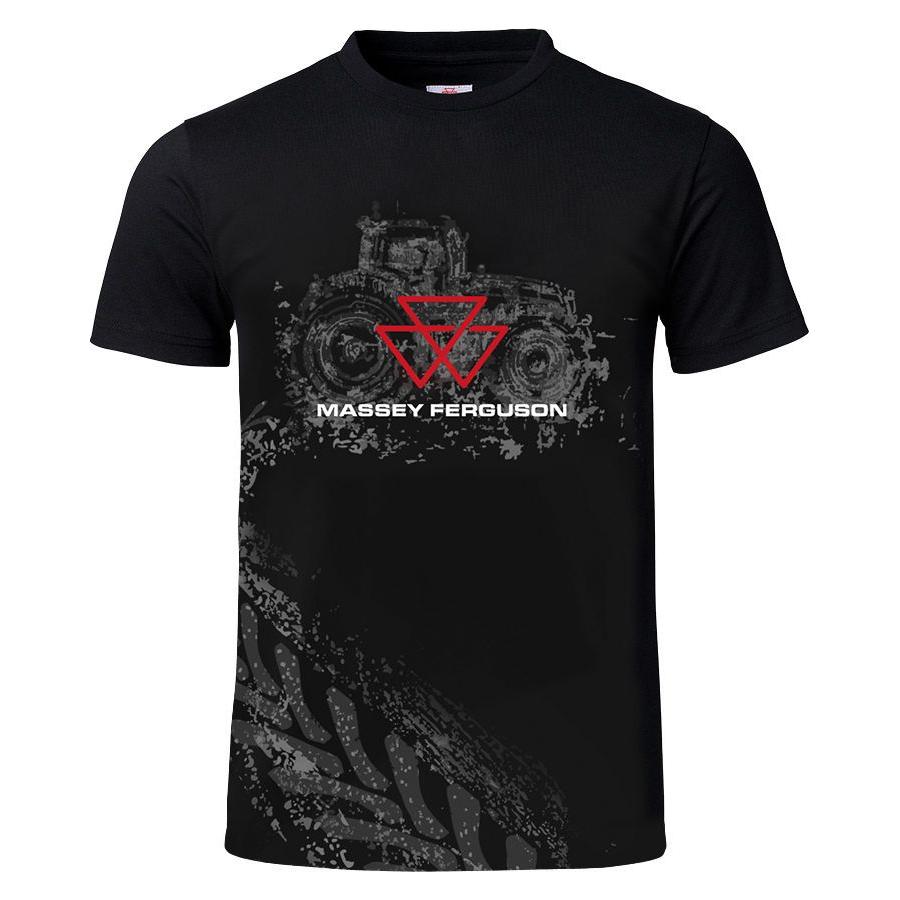 AGCO's black jersey T-shirt, product name Massey Ferguson - Mens T-shirt With Tractor Print - X993412201, features a graphic of an MF tractor and the Massey Ferguson logo with red triangular design elements centered on the front. A subtle tread pattern design adorns the bottom left side.