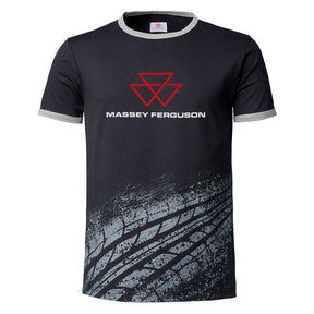AGCO's Massey Ferguson Men's T-shirt with Tyre Print (product code X993412202) is a black jersey T-shirt featuring stylish contrasting colors, the Massey Ferguson logo on the front, and a unique tire tread design at the bottom.