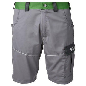 The AGCO Fendt Men's Work Shorts (X99101801C) feature a stylish grey design with a distinctive green waistband and belt loops, practical side pockets, and a black zippered side pocket with text print for enhanced safety.