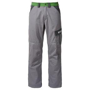 The AGCO Fendt - Mens Work Trousers - X99101807C are gray cargo pants with a green waist and reinforced knees. They feature multi-purpose side pockets, belt loops, and an elasticated waistband for added comfort.