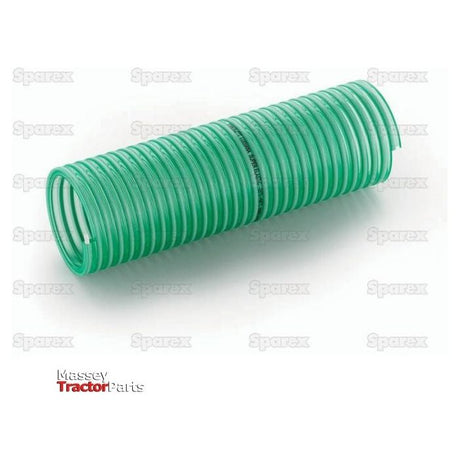 Image showing a green spiral irrigation hose coiled in a cylindrical shape, with the Sparex brand logo and the product name "Irrigation Hose (Luisiana SuperElastic) Hose ID: 50mm (2'') - S.118911" in one corner.