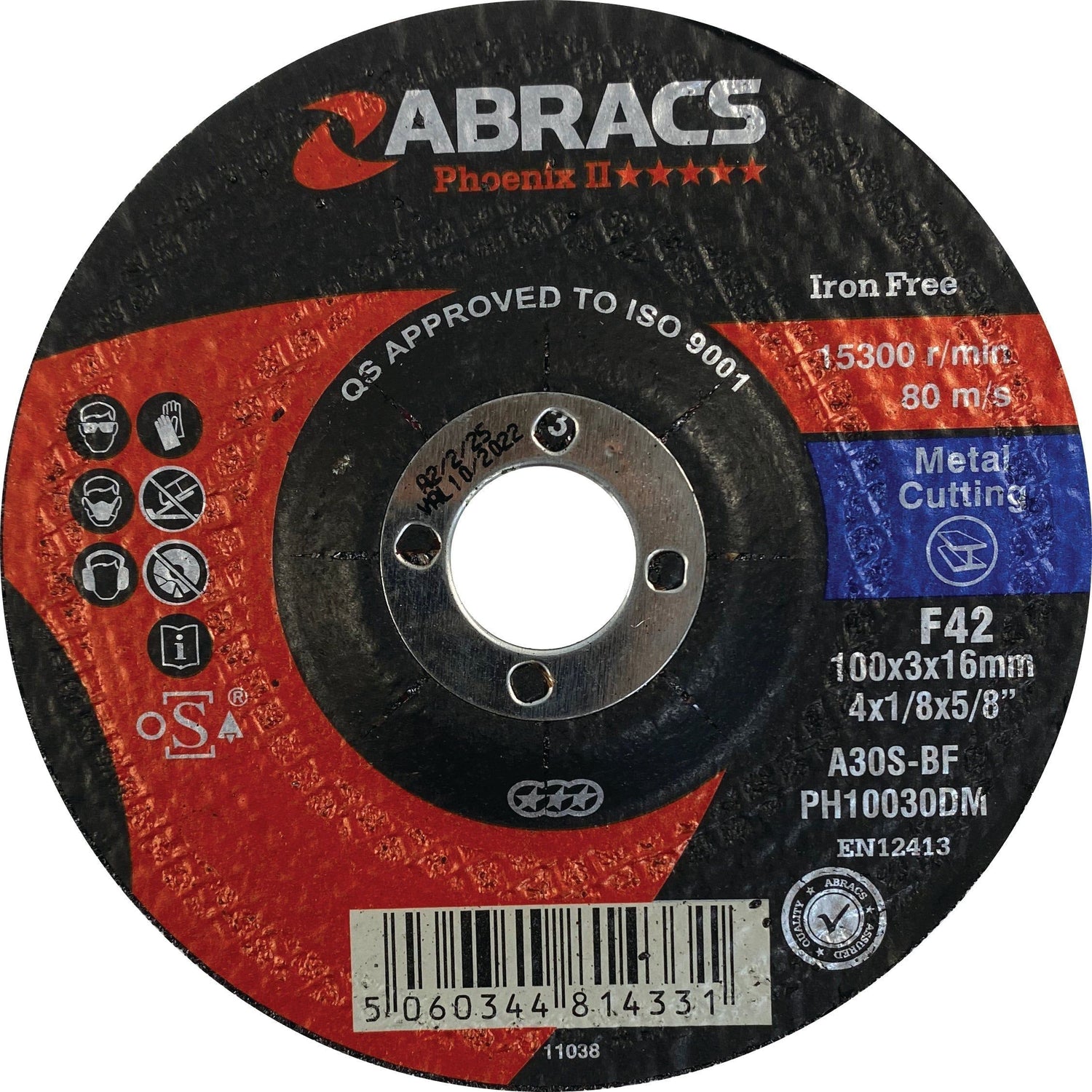 A circular metal cutting disc branded "Sparex" with specifications including "Iron Free," "QS Approved to ISO 9001," and dimensions &Oslash;100 x 3 x 16mm A30RBF - S.11744. This high-performance disc ensures professional quality for steel cutting tasks.
