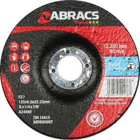 Close-up of a Sparex Metal Grinding Disc 125mm x 6mm x 22.23mm A24RBF - S.11872 with specifications of 12,200 rpm and a speed limit of 80 m/s. This F27-grade abrasive grinding disc ensures smooth grinding and meets EN 12413 standards.