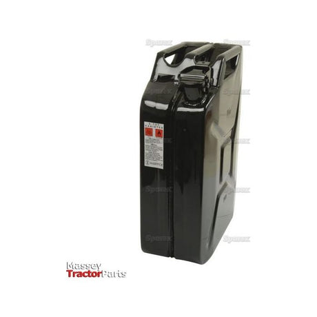 A Metal Jerry Can - Black 20 liters (Diesel) by Sparex, featuring a handle and a pouring spout, marked with safety labels, displayed against a white background.
