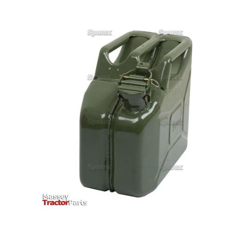 The Sparex Metal Jerry Can - Green 10 litres (Unleaded Petrol), part number S.21692, features a handle and spout, making it ideal for storing and transporting liquids like unleaded petrol.