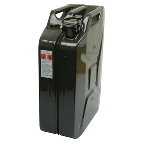 A Sparex Metal Jerry Can - Green 20 liters (Unleaded Petrol), featuring a spout and handle, is shown standing upright.