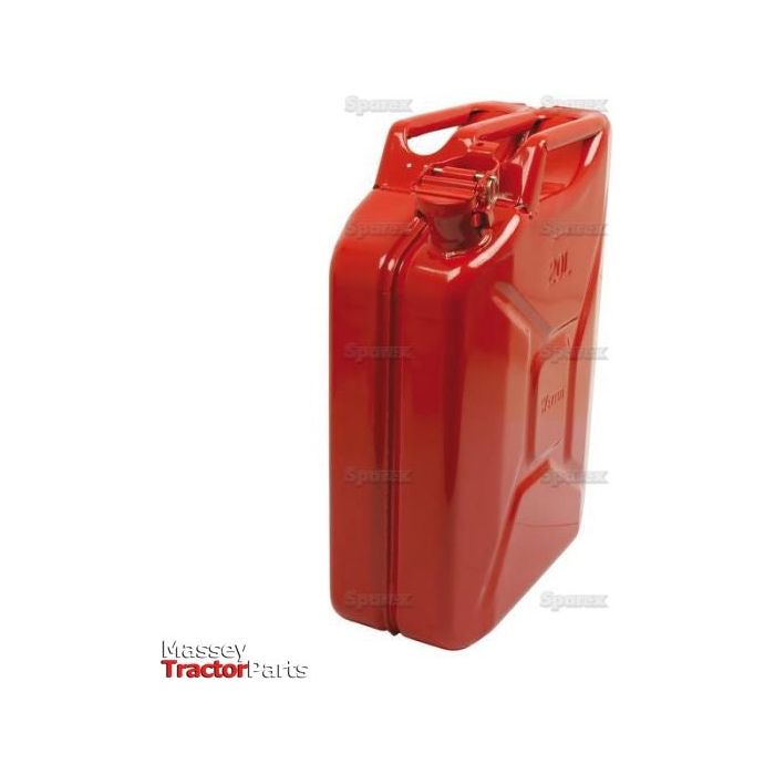 Red 20-litre metal jerry can with handle and spout, branded with "Sparex," specifically designed for petrol storage (Product Name: Metal Jerry Can - Red 20 ltr(s) (Petrol) | Sparex Part No.S.12695).