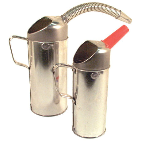 Two metal oil cans with handles, one from Pressol featuring a flexible spout and the other a Sparex Metal Jug (1L) with a short, red plastic spout.