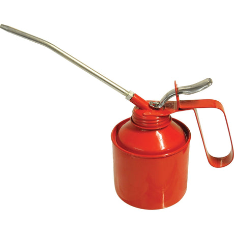 A Sparex Metal Oil Can Standard Version (Sparex Part No. S.3806), featuring a red metal body, a flexible tube, a rigid tube, and a sturdy metal trigger handle, perfect for precise application.