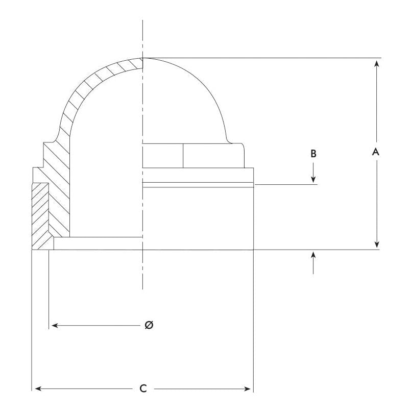 Technical drawing of a sectional view of the Complete Inspection Glass 3" by Sparex (Sparex Part No. S.59472), featuring a cylindrical structure with a dome top, labeled with dimensions A, B, Ø76mm (diameter), and C. Produced by Metaltecnica and has a height of 85mm.