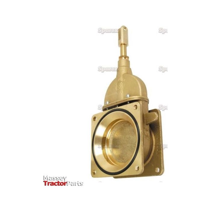 Image of a brass gate valve with a square mounting flange, labeled "Massey Tractor Parts" watermark. This Gate valve - Double flanged 5'' - S.59468 from Sparex is built for robustness, offering reliability and strong performance under maximum pressure of 45 psi, reflecting the high standards set by Metaltecnica.