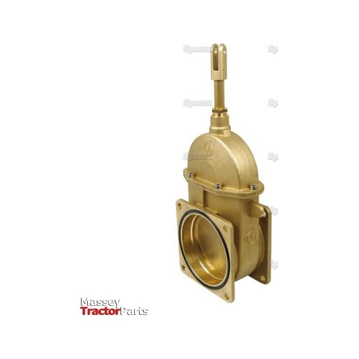 This heavy-duty brass gate valve, featuring a cylindrical handle and gasket, is typically used in agricultural or industrial machinery. The product, categorized as Gate valve - Double flanged - Heavy duty 6'' - S.59477, proudly displays the Massey Tractor Parts logo in the bottom left corner and is available under the Sparex brand.