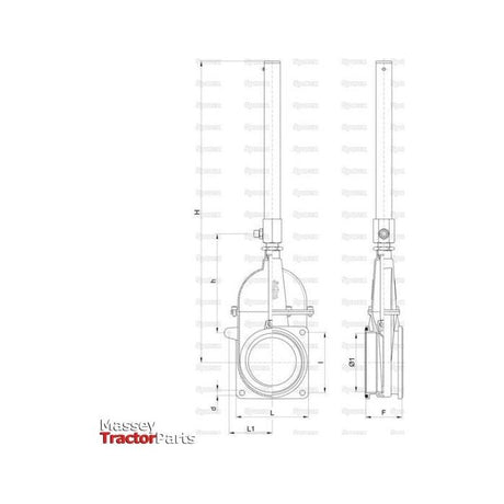 Technical drawing of a mechanical part labeled "Sparex," showcasing front and side views with dimensions, including details for a Gate valve with gas hydraulic ram - Double flanged 6'' - S.22924.