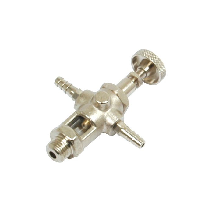The Sparex Oil Dropper (Part No. S.59478) is a brass pneumatic valve featuring a knurled adjustment knob, multiple hose connectors, and twin outlets suitable for vacuum pumps.